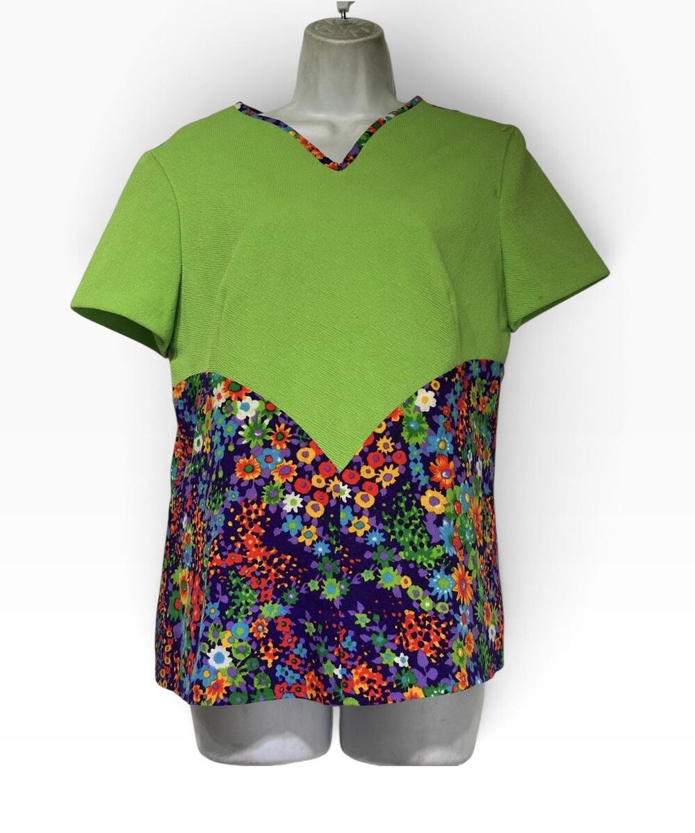 Vintage Floral Colorblock Green Purple Short Sleeve Blouse